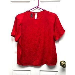 Laura & Jayne Blouse 100% Silk Red Floral Jacquard Vintage Style Size S